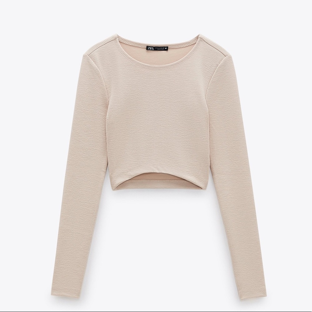 Zara textured beige long sleeve tight crop top